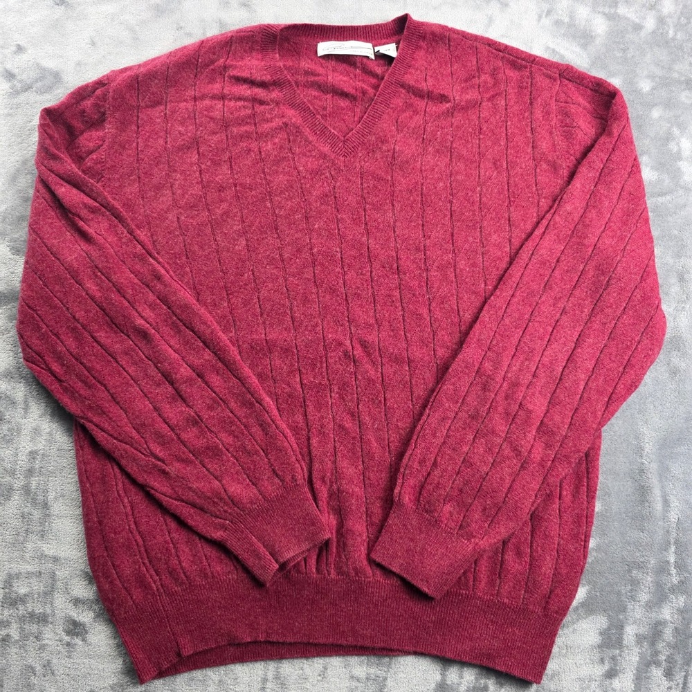 Greg Norman Sweater Mens Large Burgundy Red 100% Cashmere V-Neck Ribbed Knit